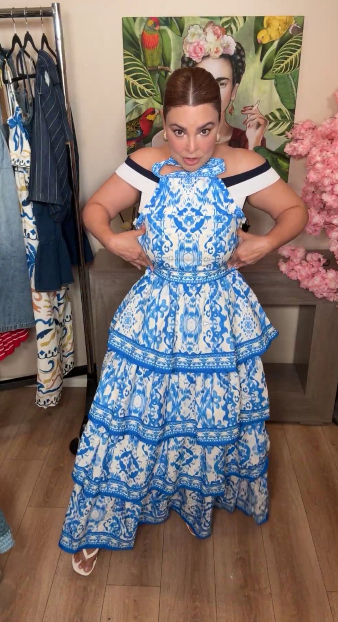 Vestido Azul Y Blanco Santorini Ruffles Halter Maxi (#351)