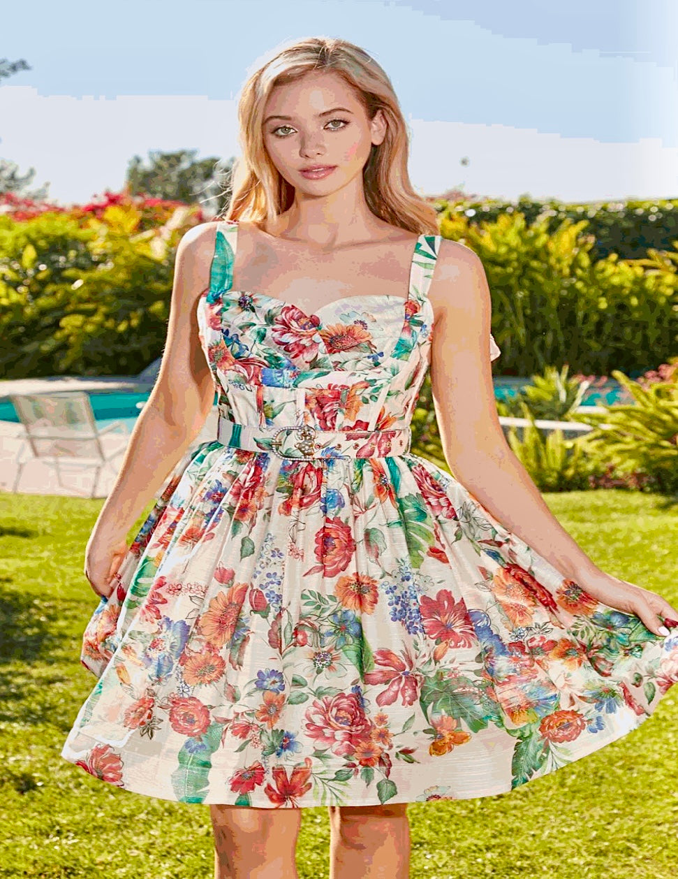 Vestido Latiste Biege Flor Marron con Cinto 60s (#177)
