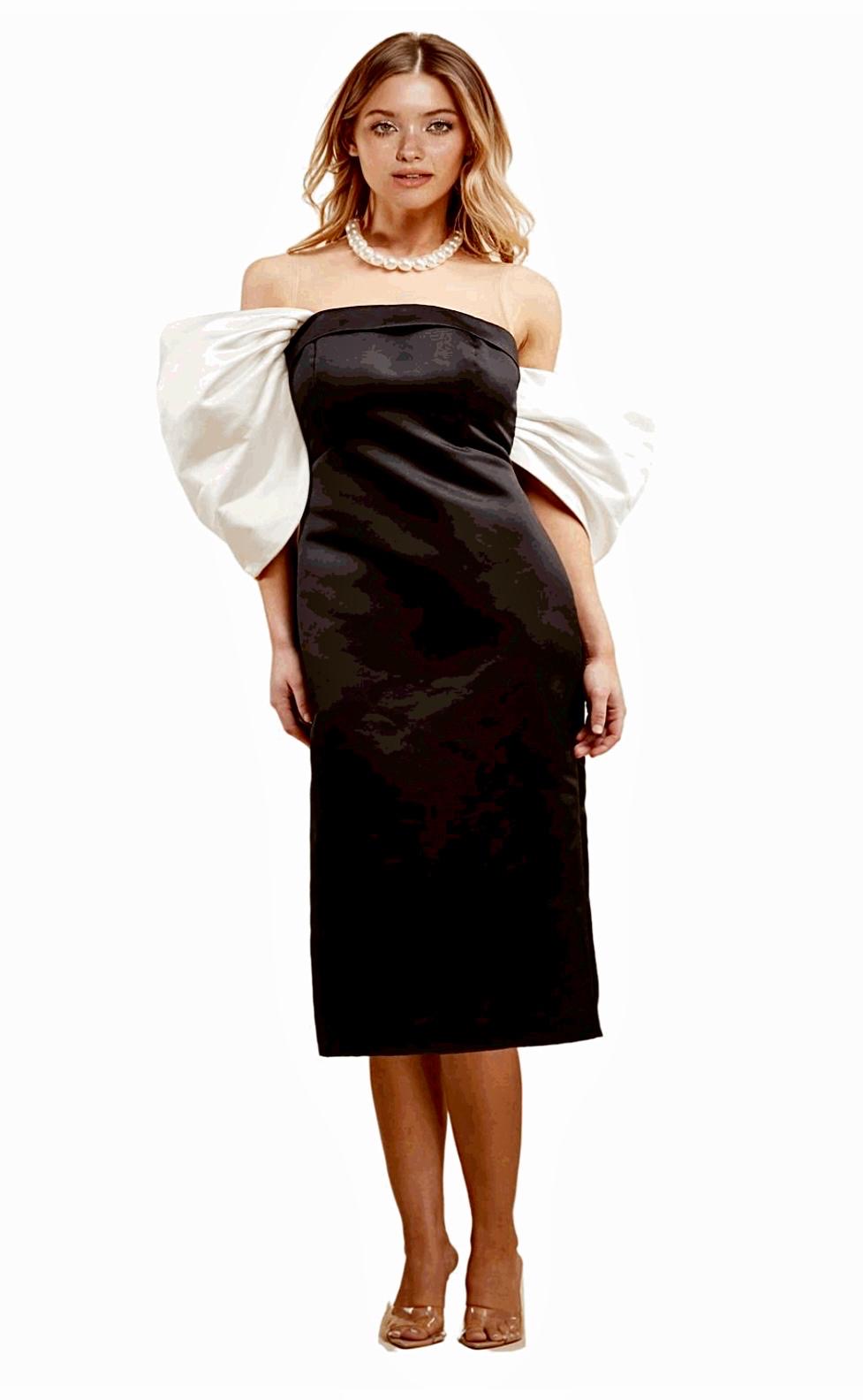 Vestido Negro Y Blanco Latiste Satinado Con Perlas Collar Midi (#187)
