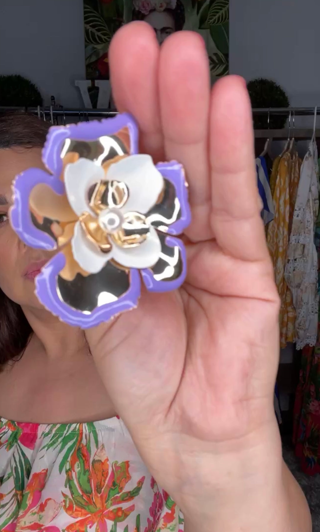 Arete Lila y Dorado Flor Perla XL (#169)
