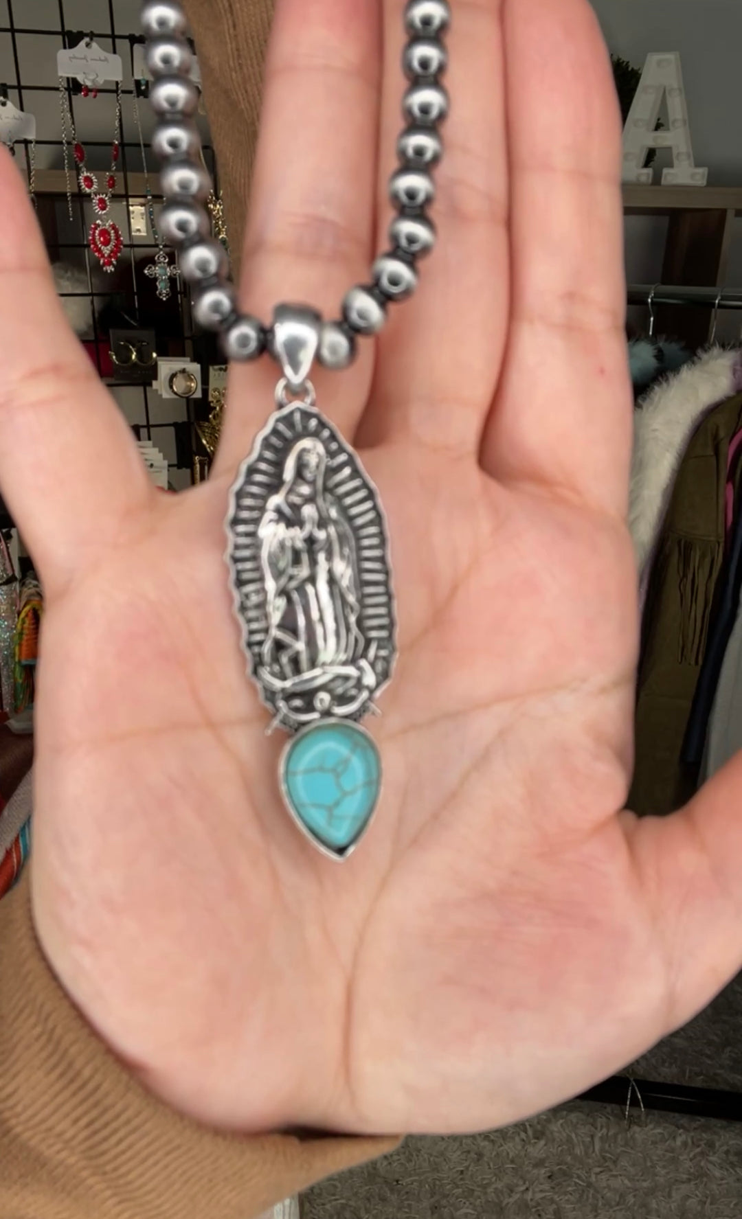 Collar Plomo Virgen de Guadalupe Gota Turqueza (#134)