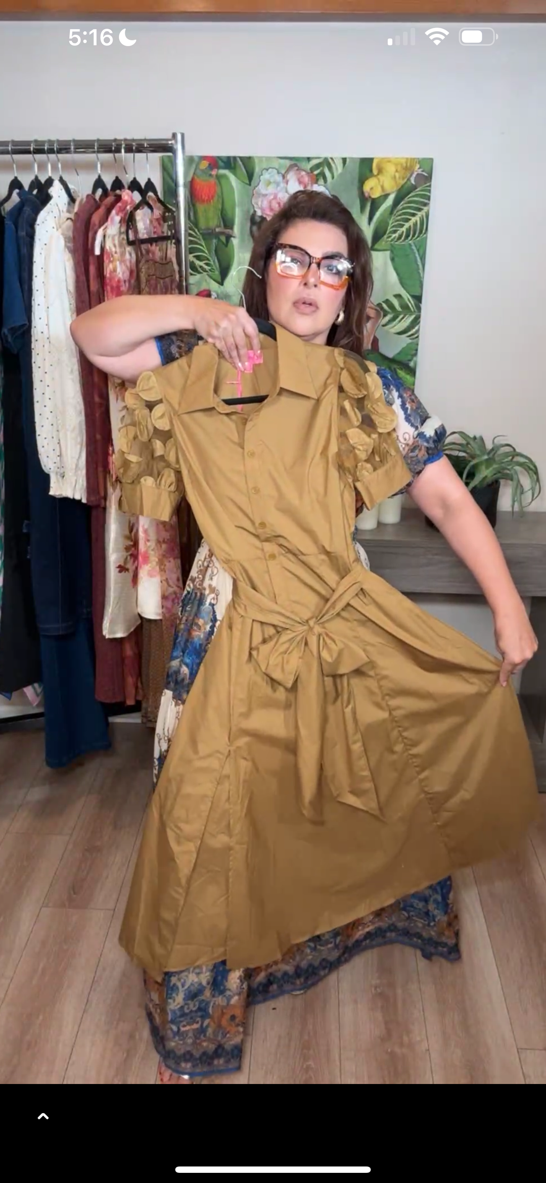 Vestido camel manga tul flores 3-D abotonado falda circular midi (#144)
