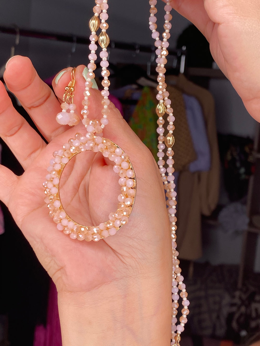 Collar Piedra Peach Dije Circular Set (#192)