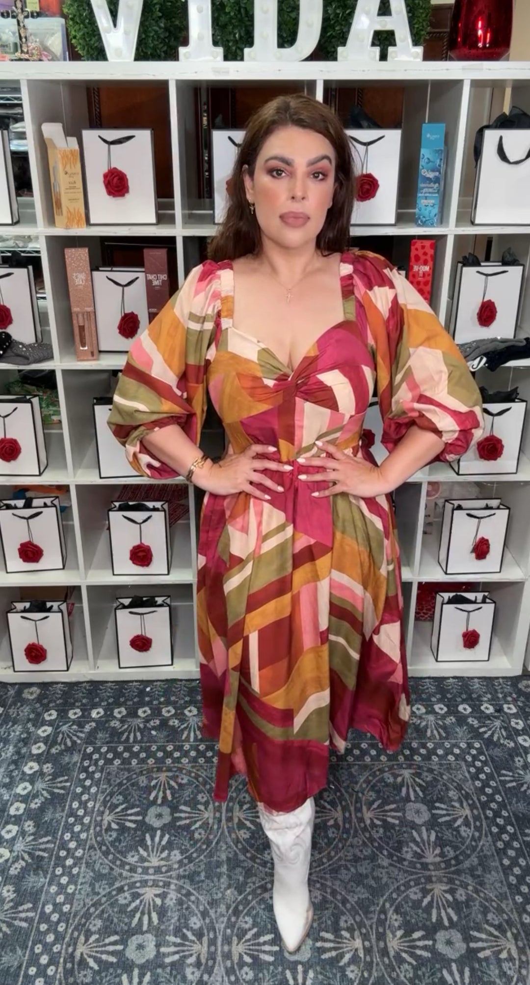 Vestido Magenta y Tonos Otoño Espalda Elastica Midi (#180)