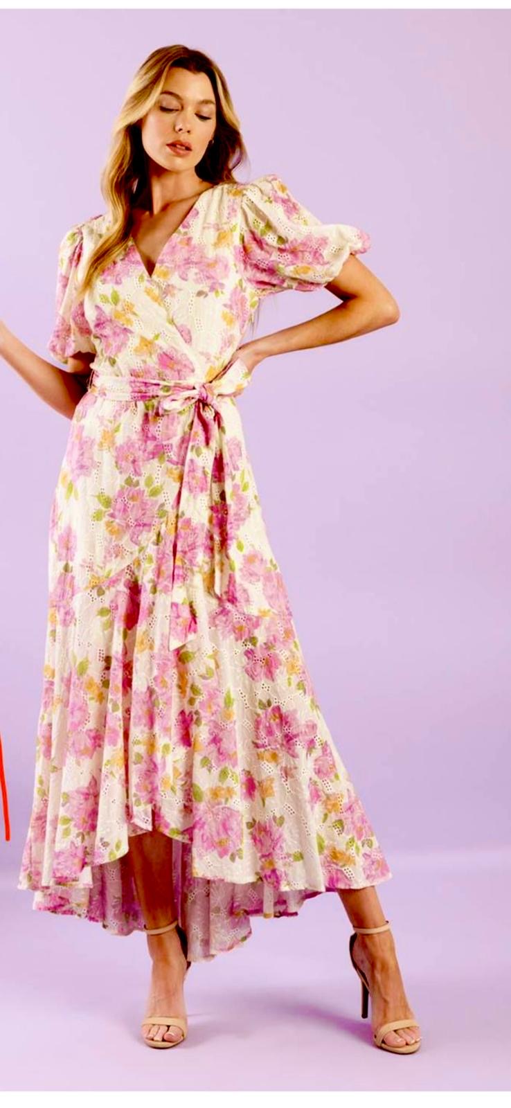 Vestido Beige Floral Lila Eyelet Wrap Midi (#173)