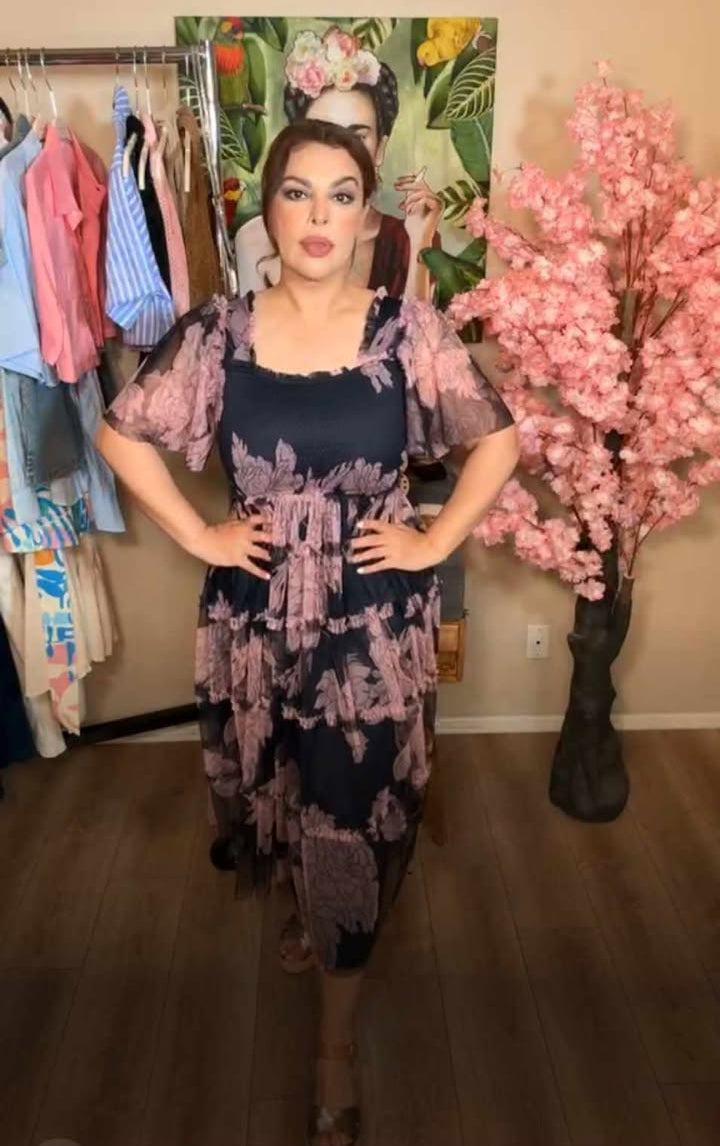 Vestido Azul y Rosa Tulle Top Elastico Midi (#196)