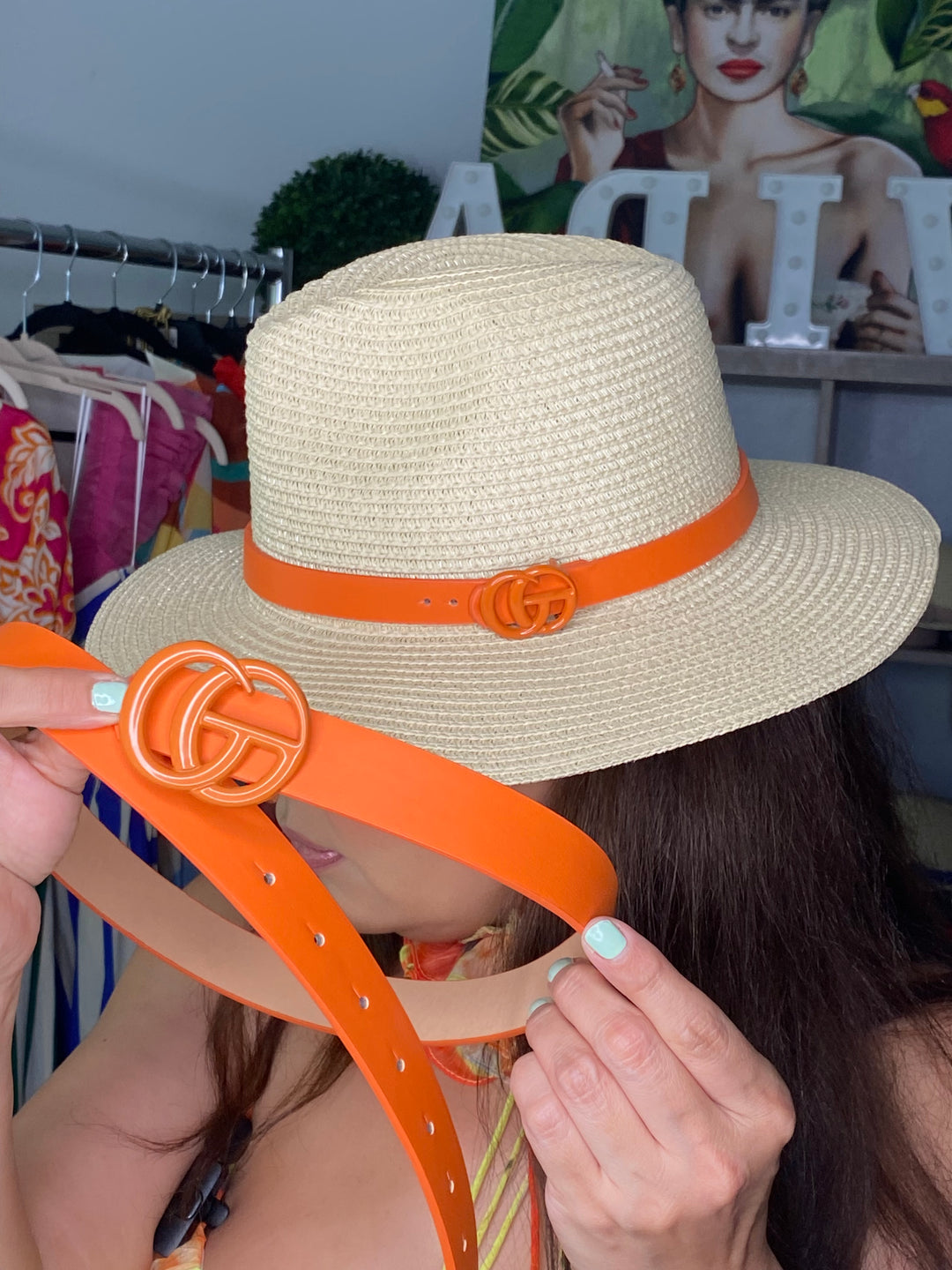 Sombrero Beige Ebilla Naranja GG Set con Cinto (#102)