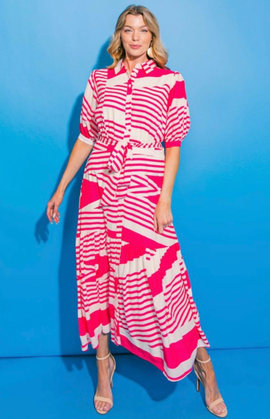 Vestido Rosa y Blanco Rallas Midi (#264)