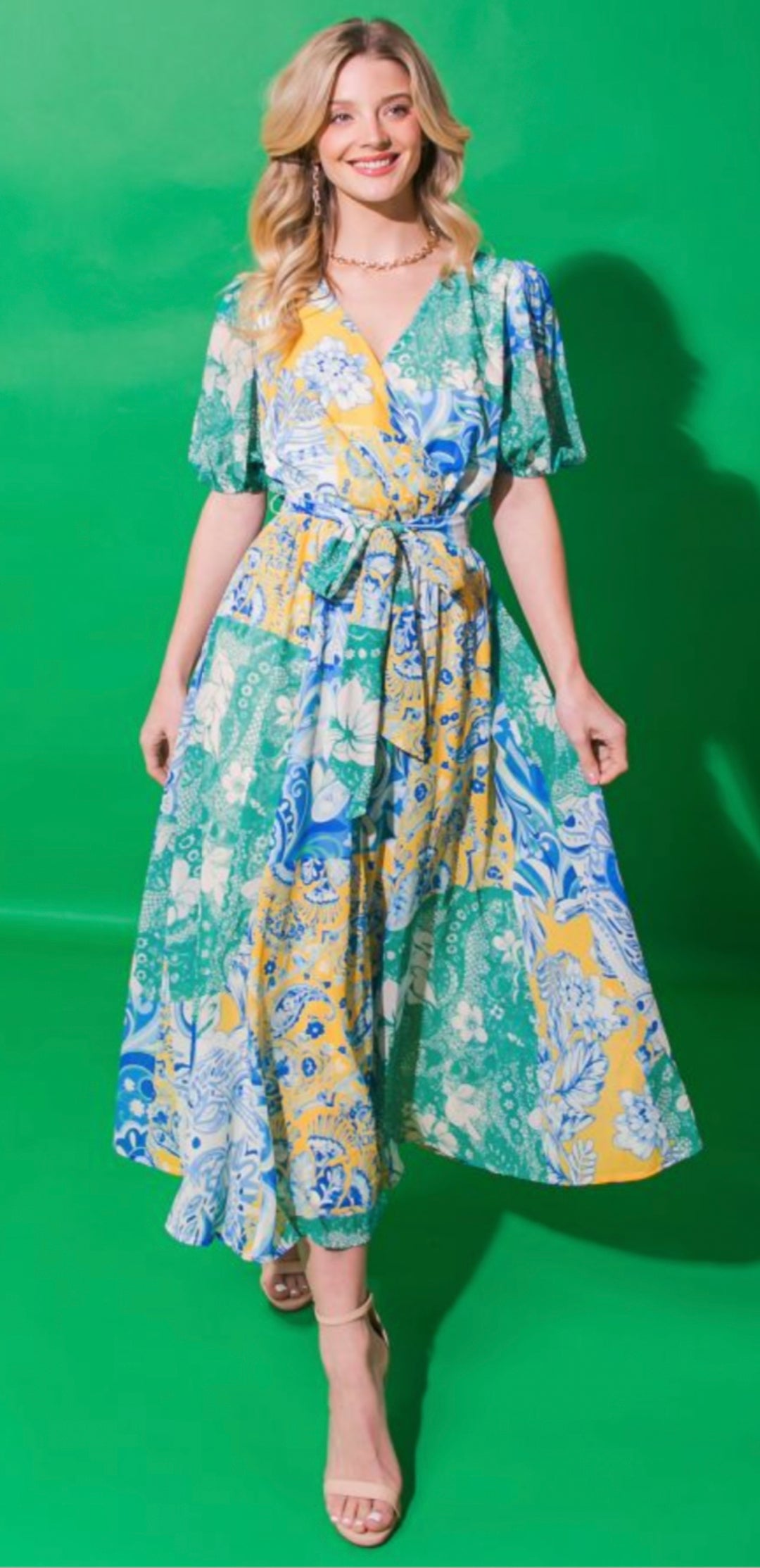 Vestido Amarillo y Azul Floral Manga Bubble Midi (#174)