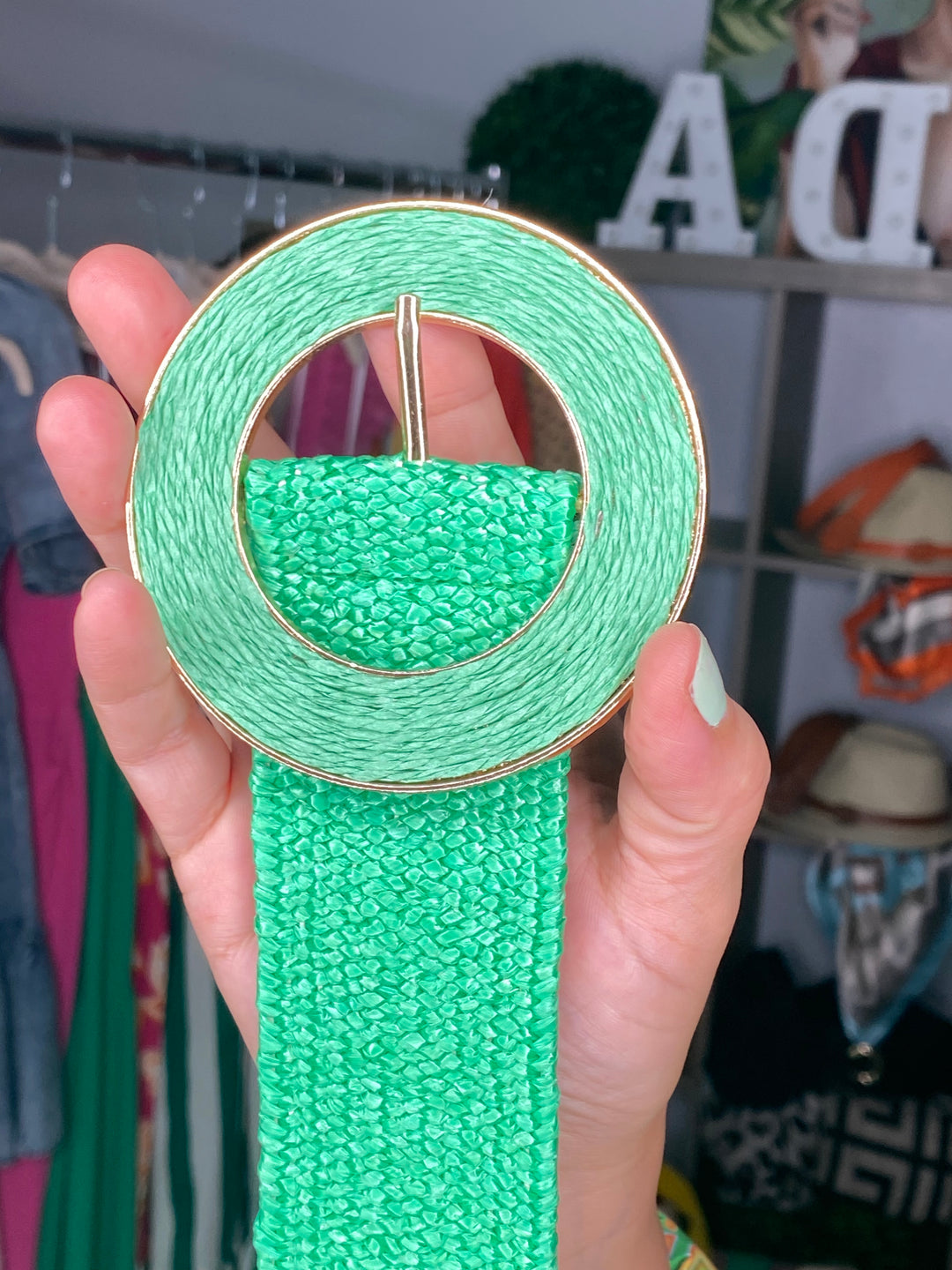 Cinto Verde Rafia Stretch Ebilla en Circulo (#137)