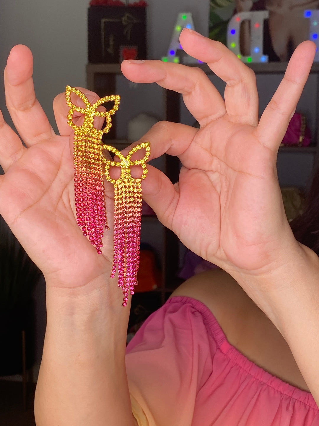 Arete Amarillo Rosa Mariposa Brilos (#209)