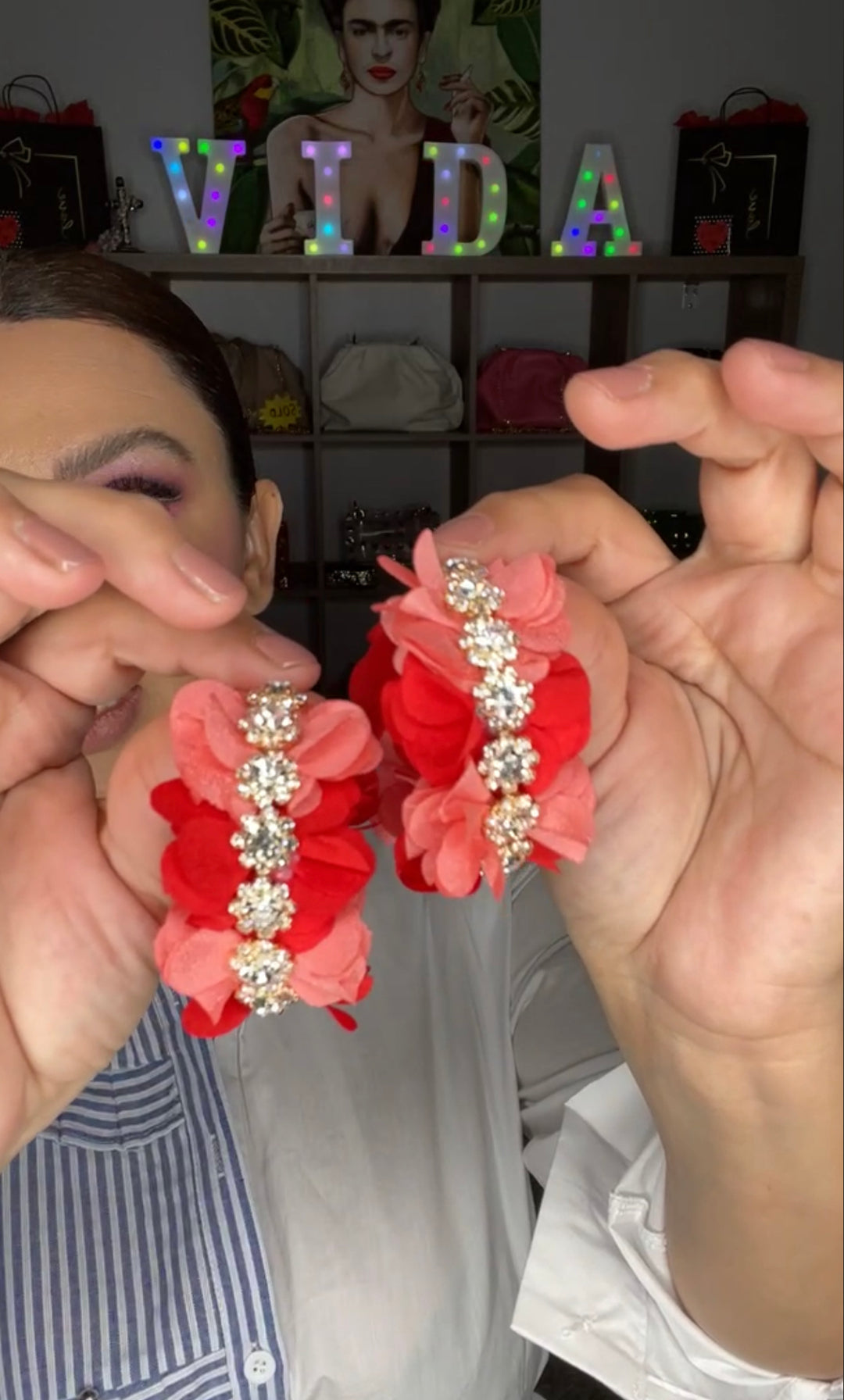 Arete Arracada Roja y Rosa Flor Tela Pedreria (#110)