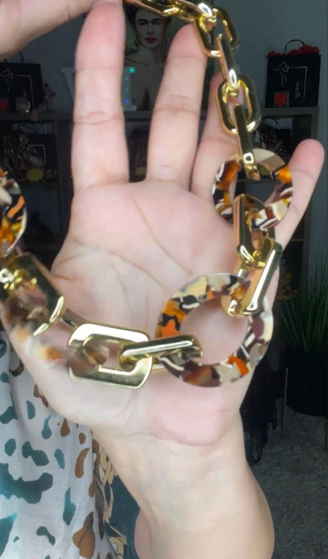 Collar Dorado y Café Animal Print Cubana (#129)