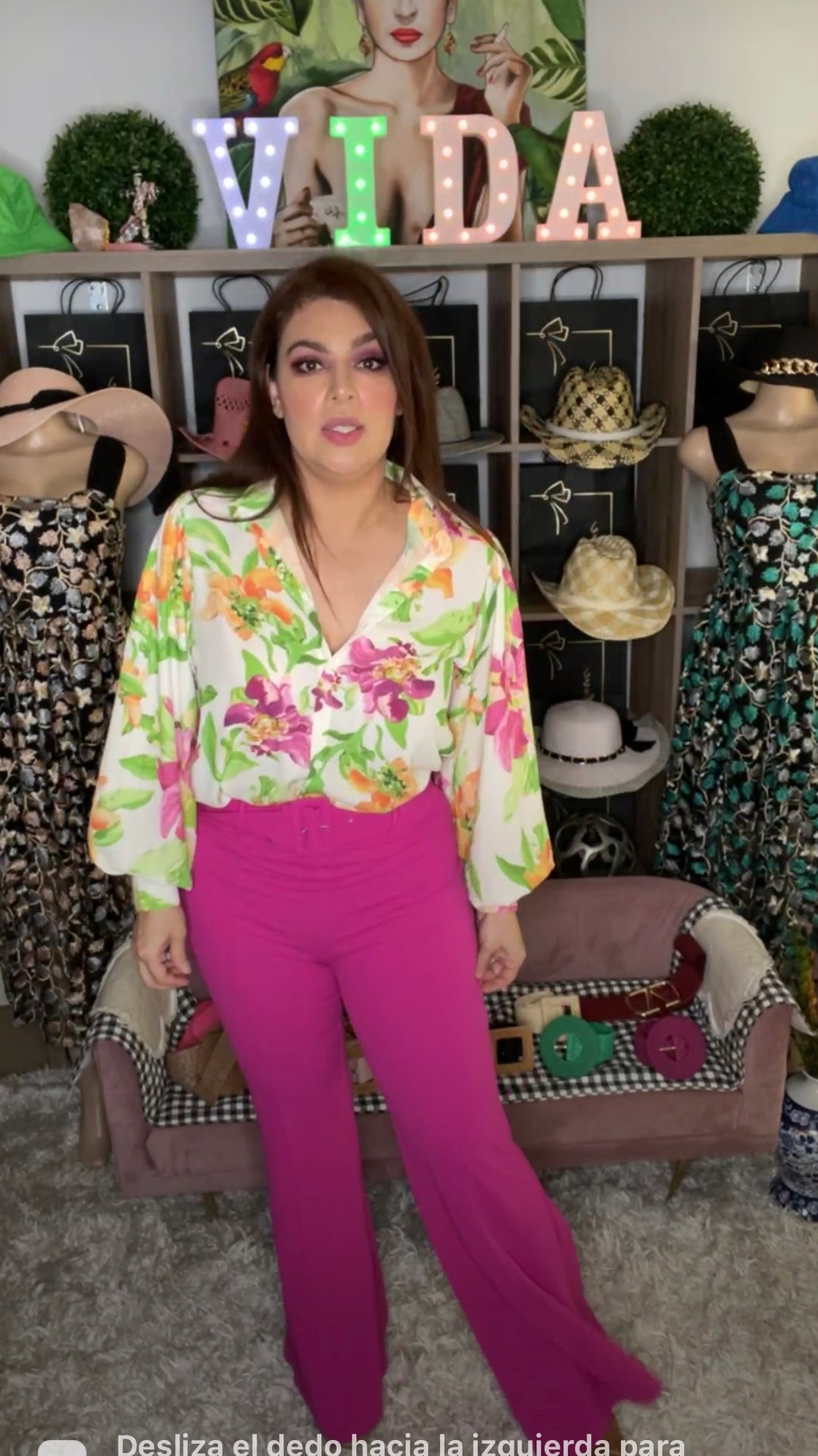 Blusa beige flor magenta multi tropical floja (#134)