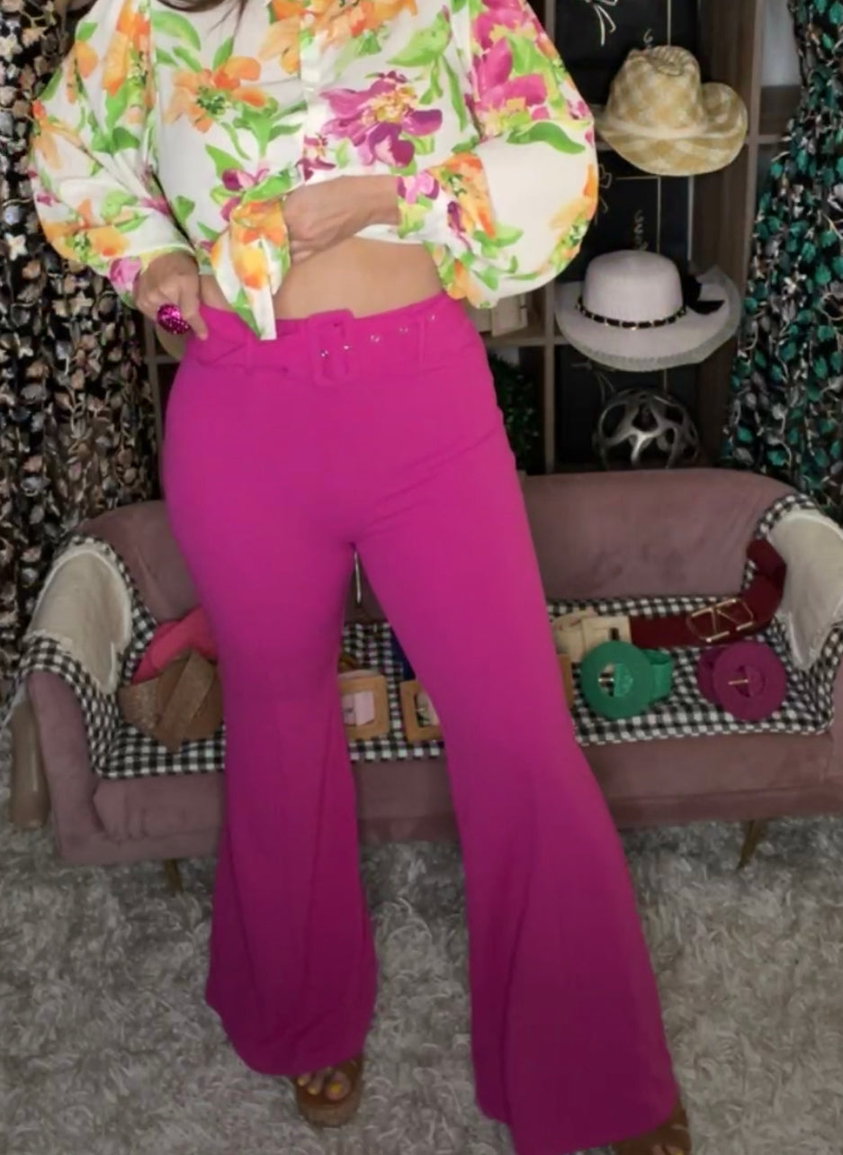 Pantalon magenta stretch campana pero alto con cinto (#174)