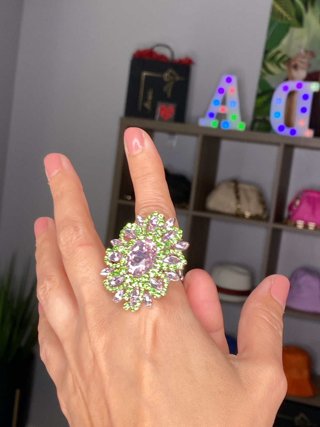Anillo Rosa y Verde Flor (#142)