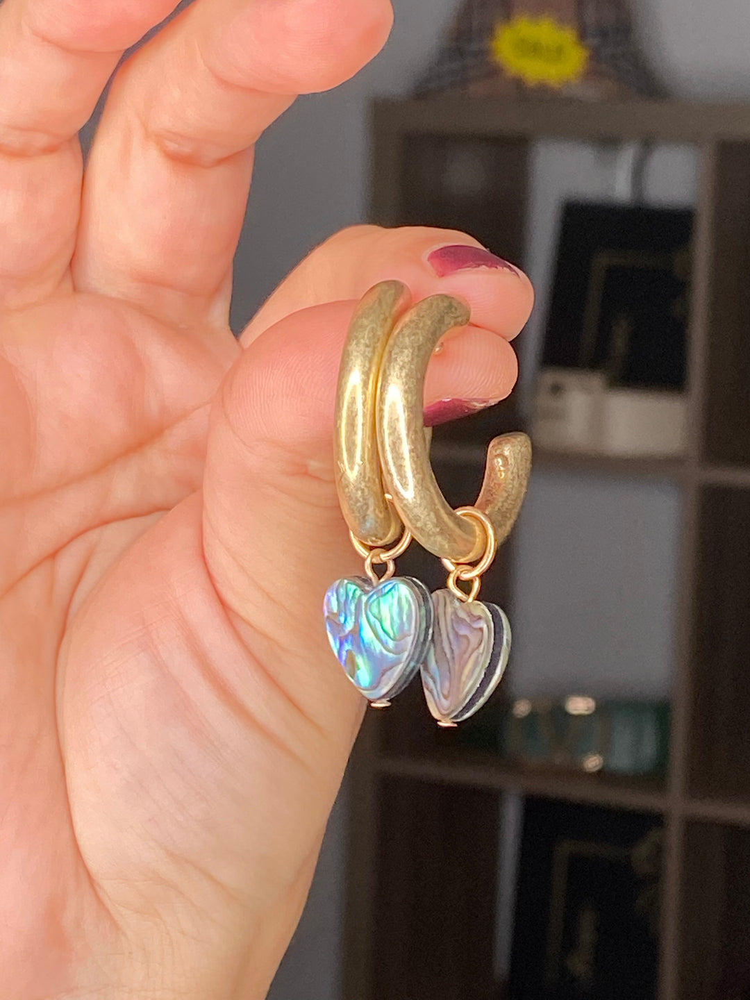 Arete Dorado Arracada y Corazon Verde Nacar (#103)