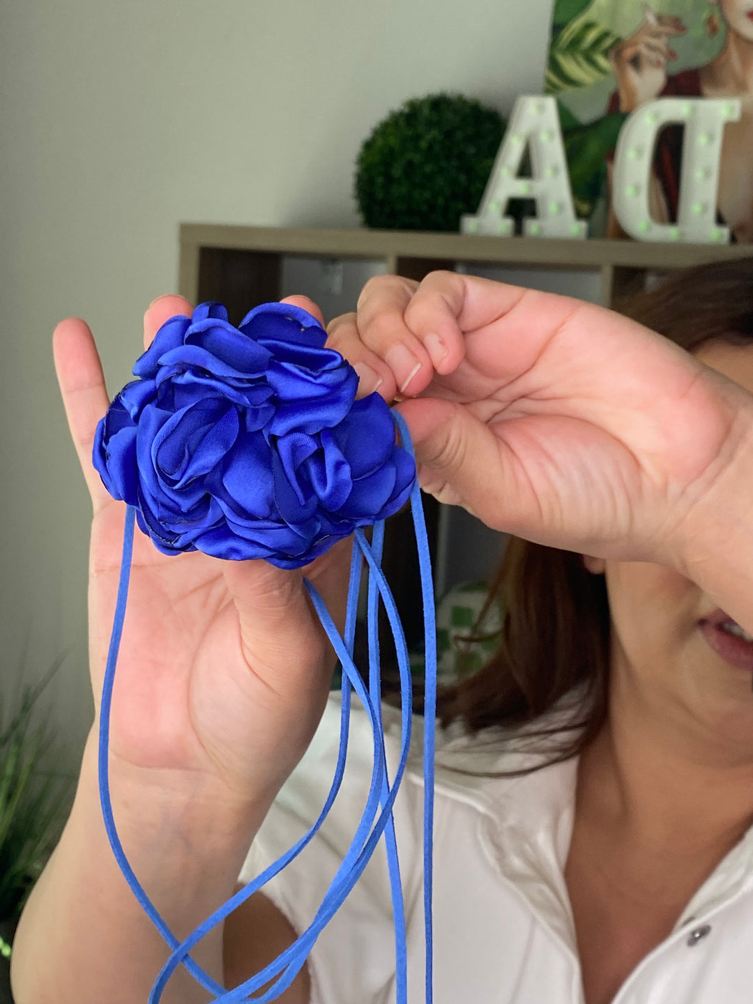 Collar Cinto Azul Flor Tela (#177)