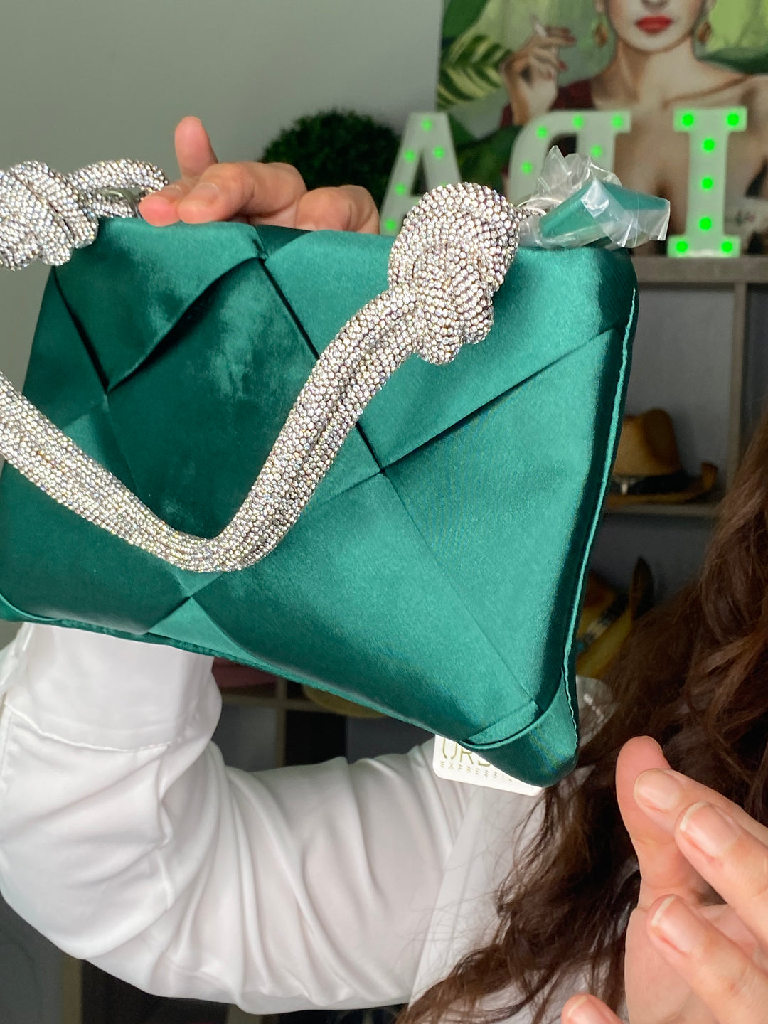 Bolsa Verde Satin y Mango Pedreria (#146)
