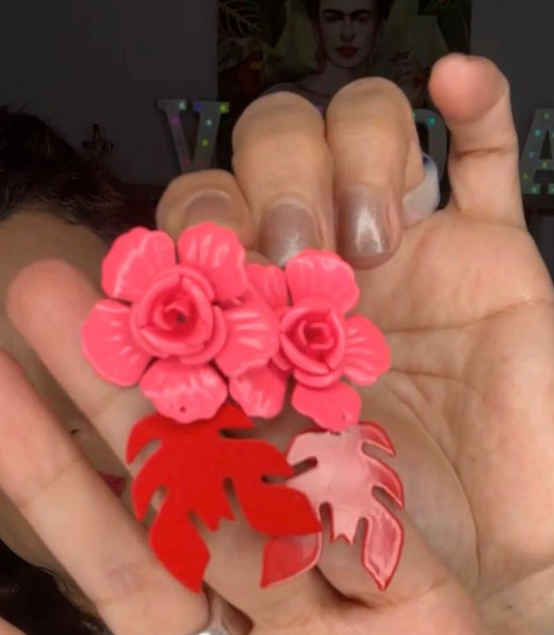 Arete Rojo y Rosa Flor Chico (#193)