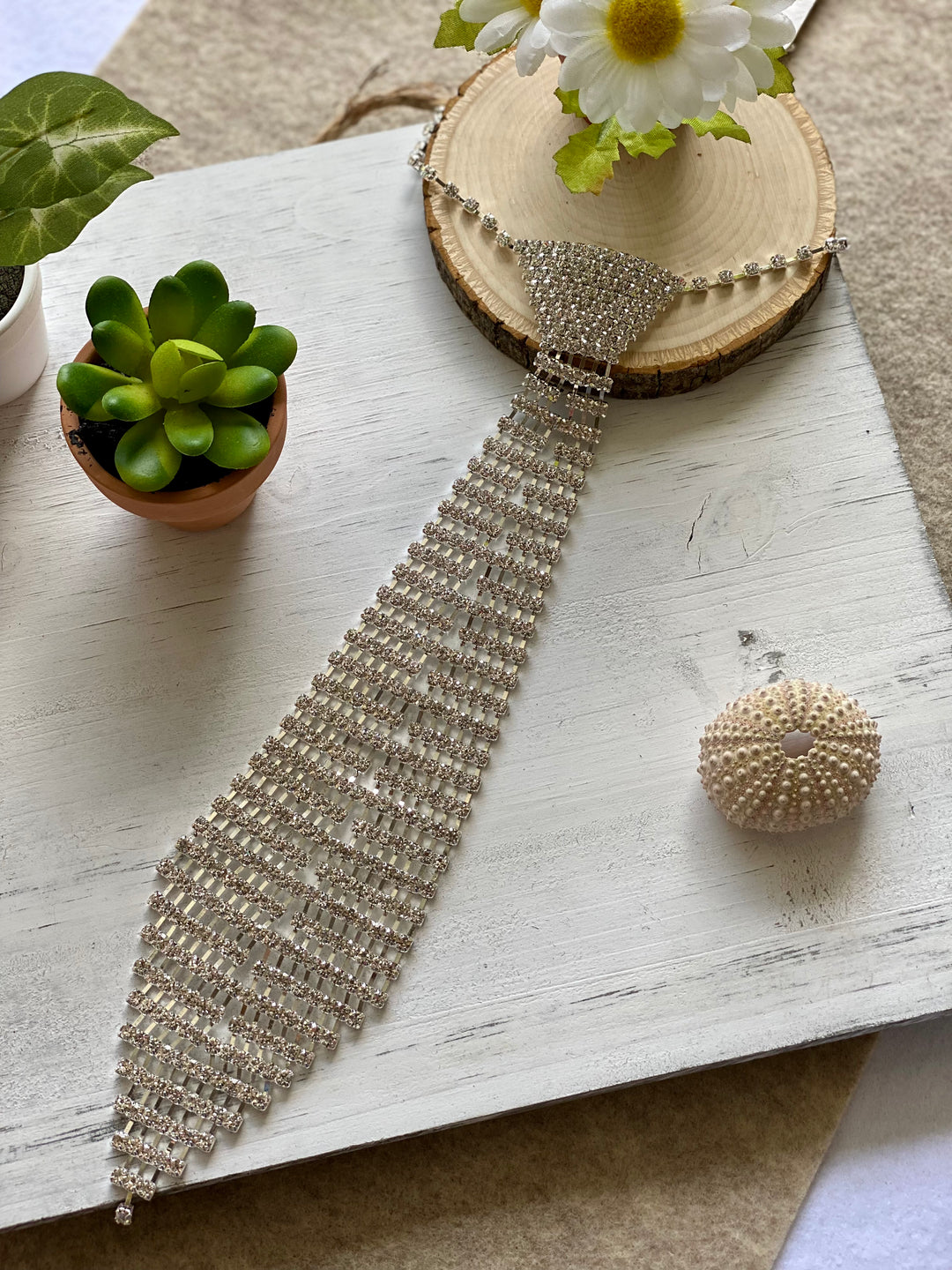 Collar plateado corbata brillantes