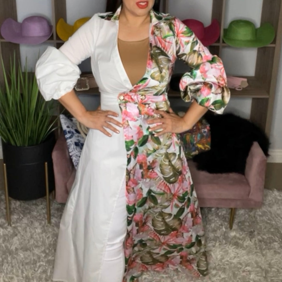 Vestido Denimland Coverup Blanco y Tropical (#172)