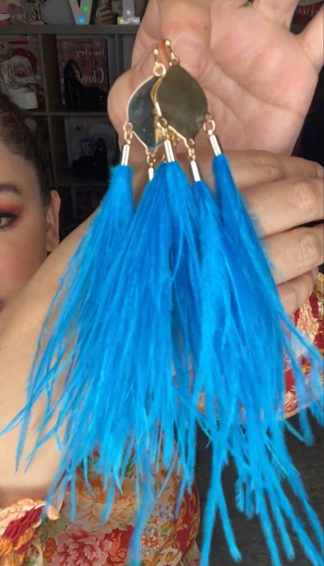 Arete Dorado Pluma Azul Xl (#101)