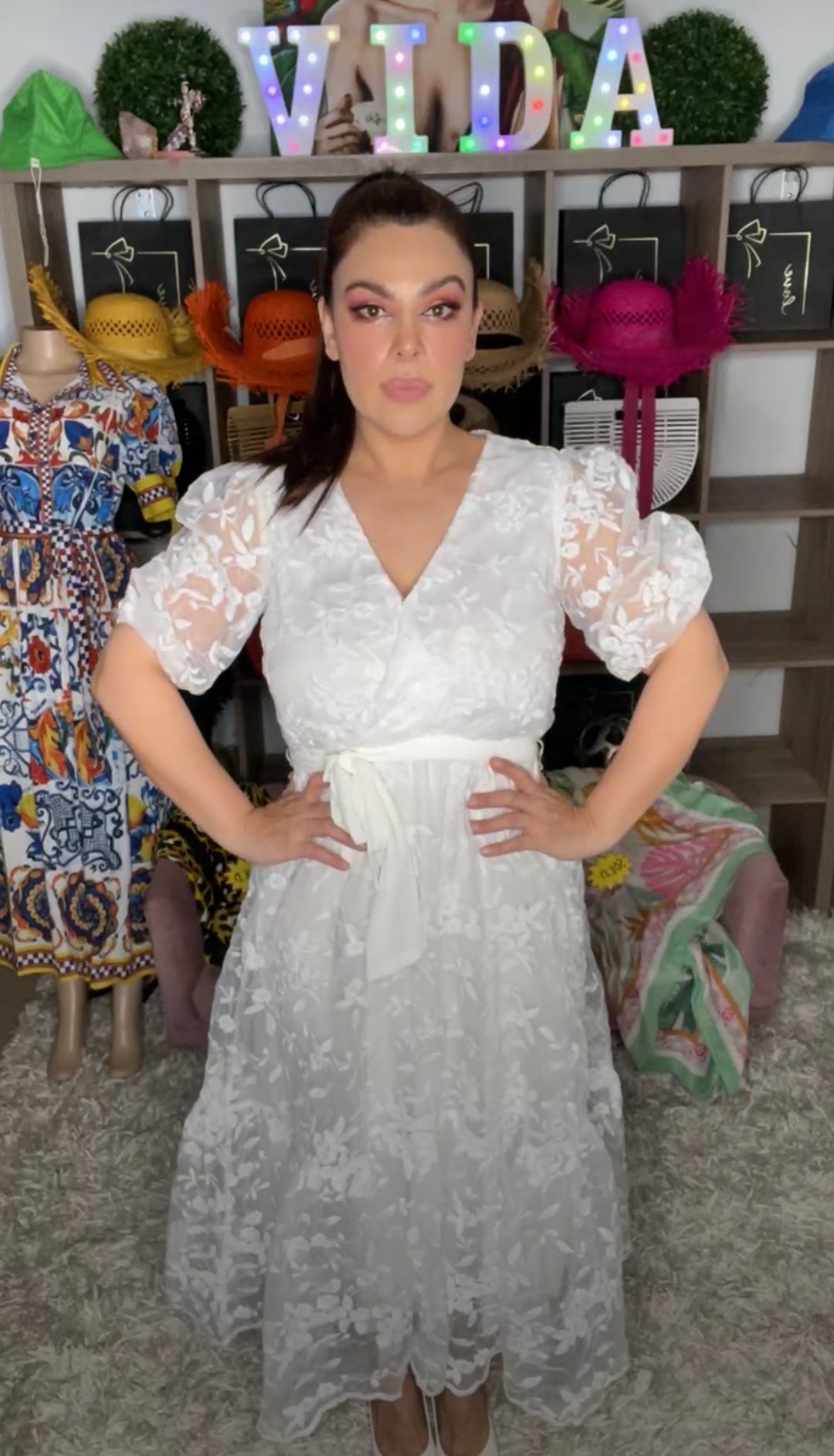 Vestido blanco texturizado cintura elastica midi (#239)