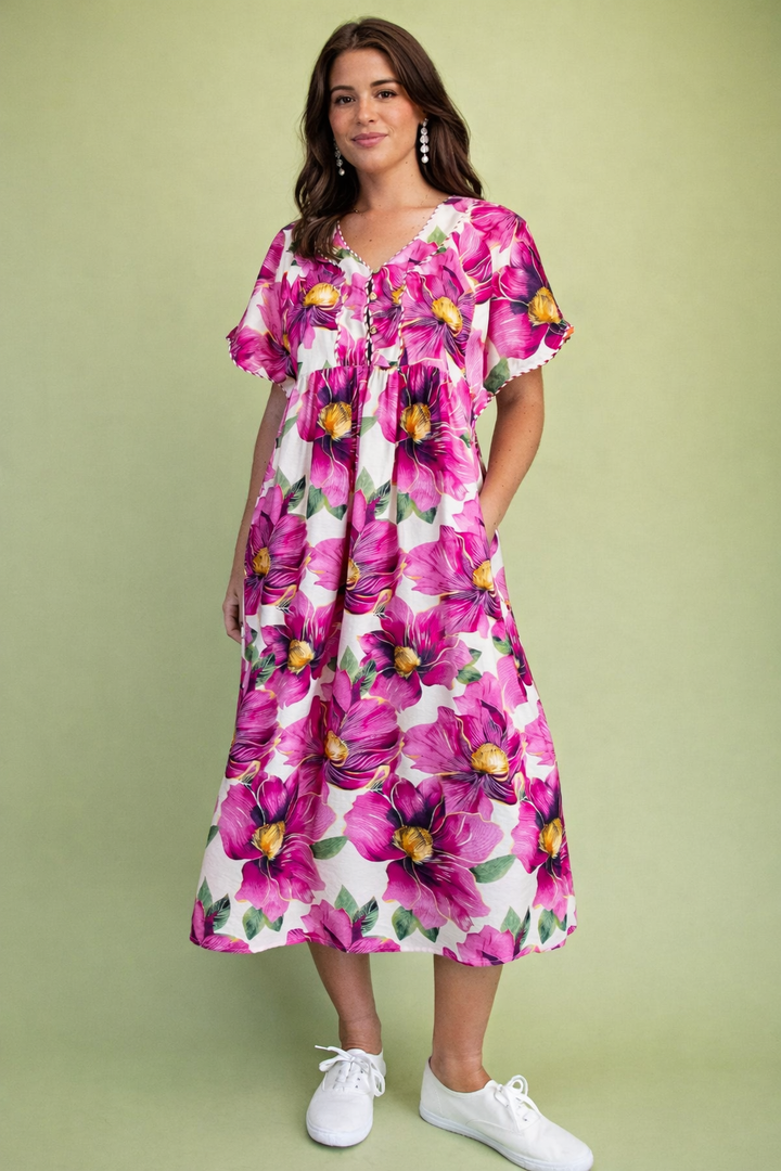 vestido beige flores magenta (#141)