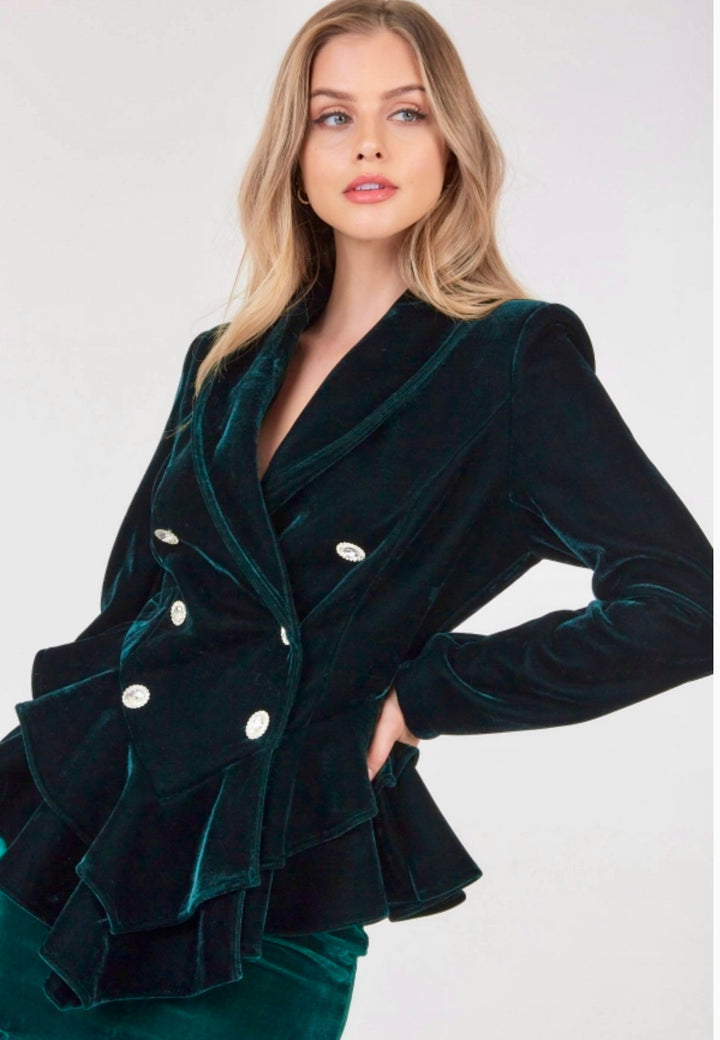 Saco Verde Terciopelo Stretch Peplum Boton Cristal (#152)