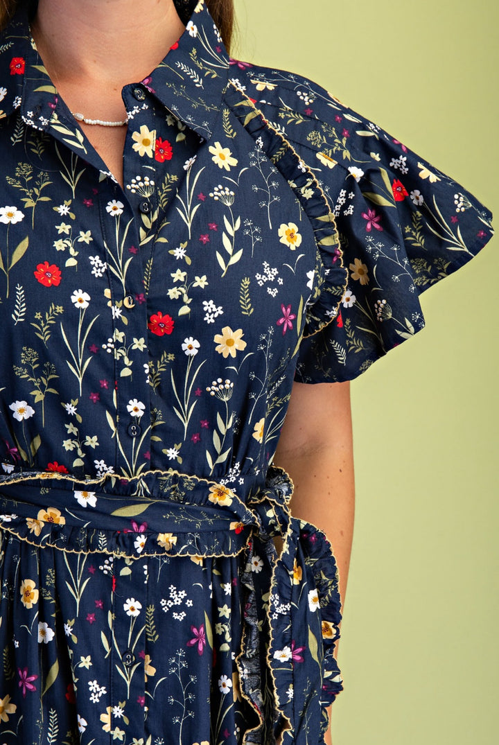 vestido azul marino flor vintage midi (#139)