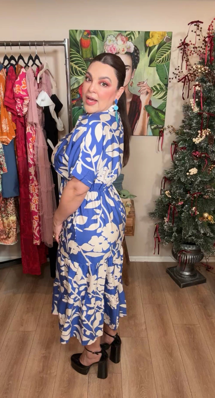 Vestido Azul y Crema Flor Lino Con Bolsas Midi (#127)