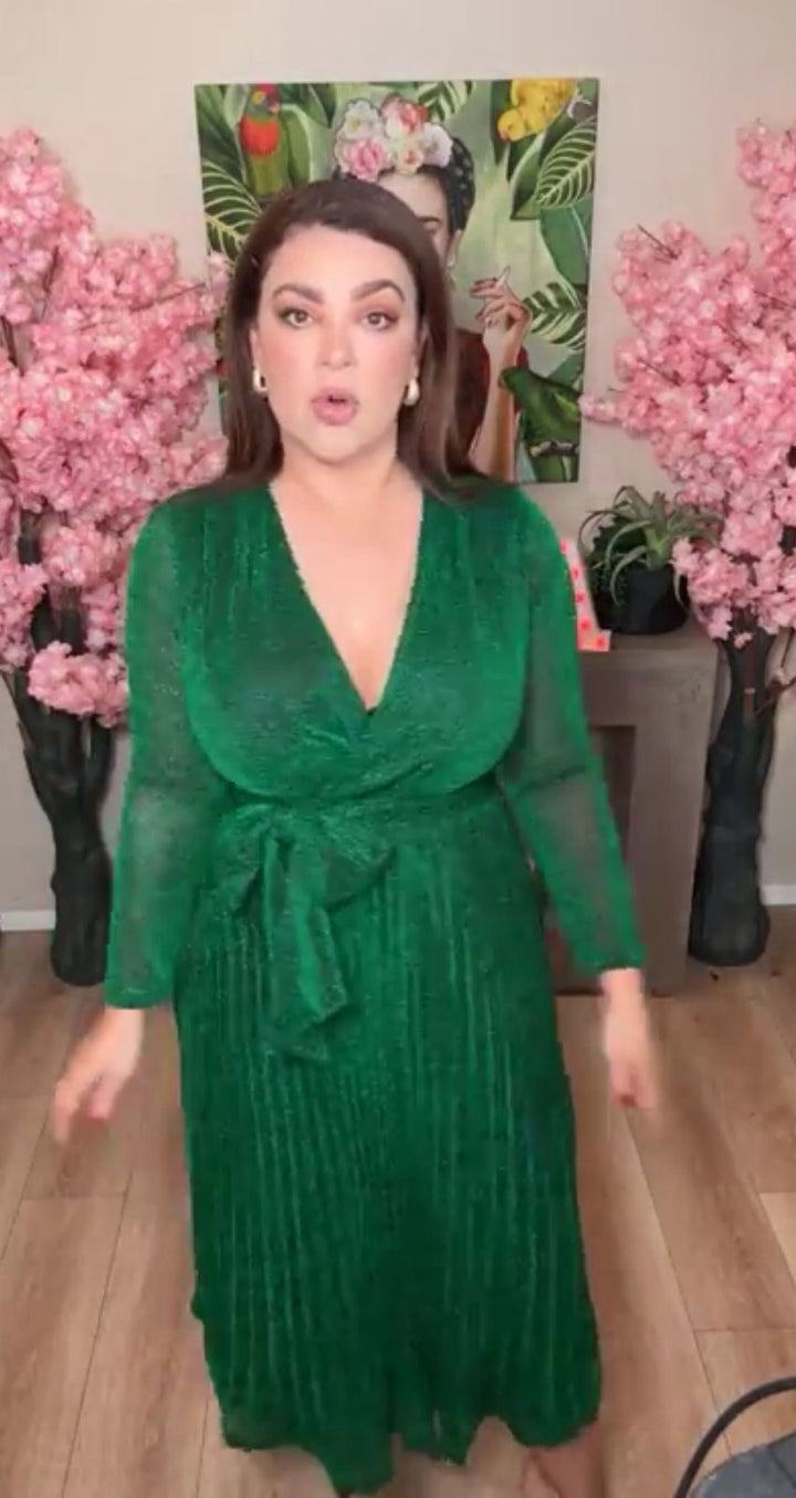 Vestido verde festivo falda plisada midi (#307)