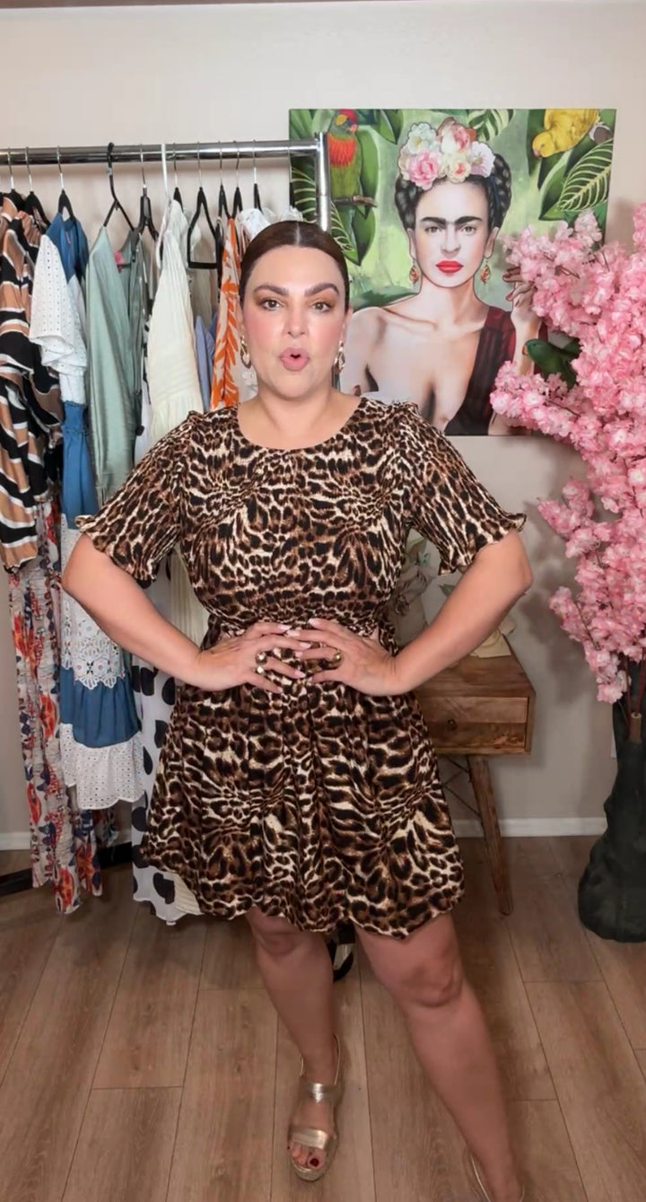 Vestido Café Leopardo Burbuja Top Elástico Chirrido (#136)
