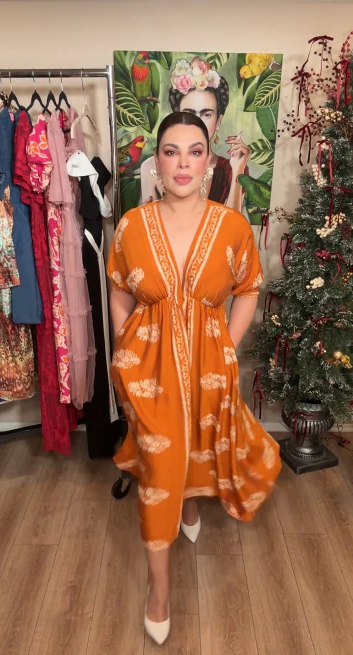Vestido Cobre Hojas Blancas Lux Semi Satinado Midi (#123)