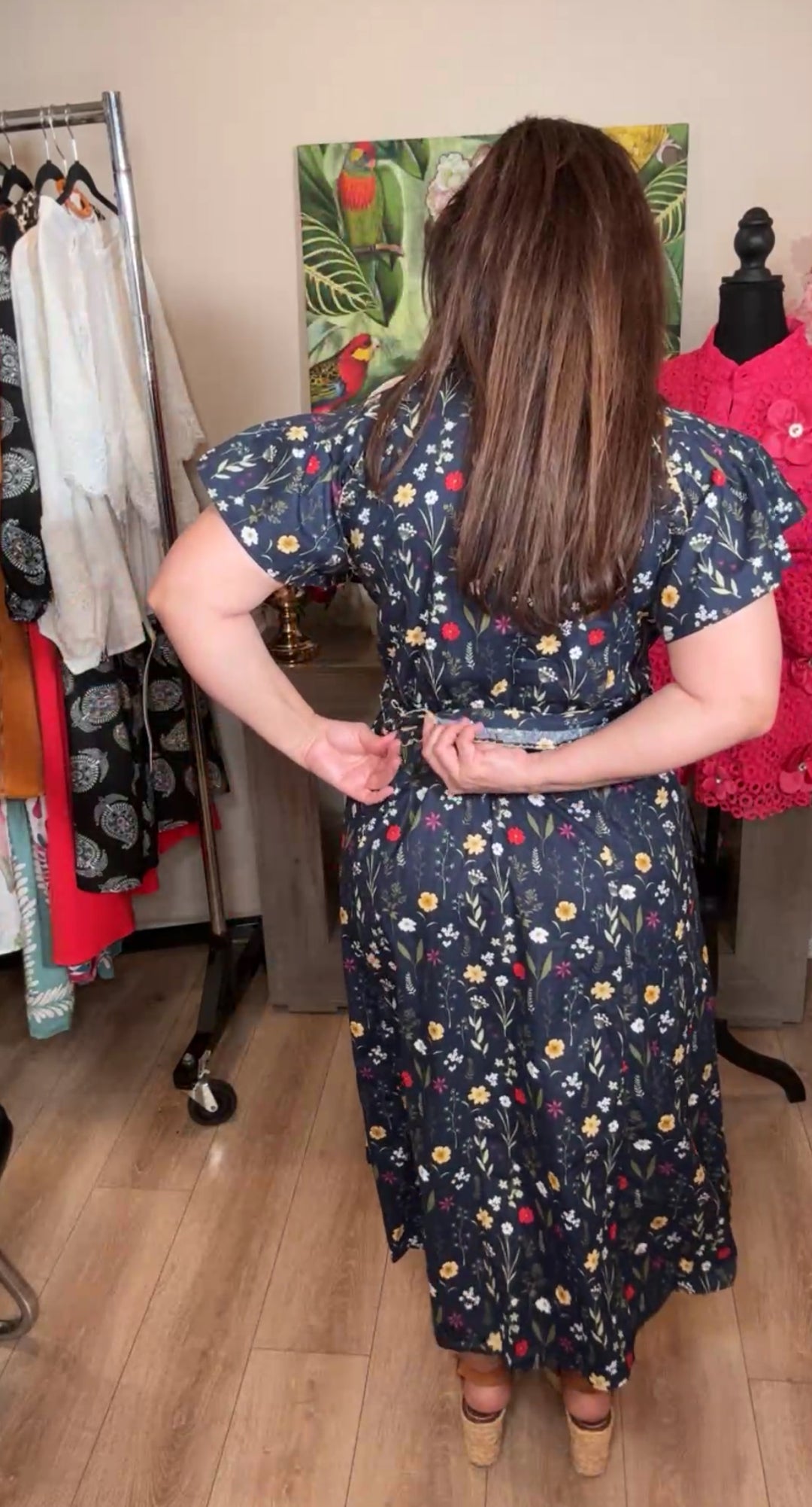 vestido azul marino flor vintage midi (#139)