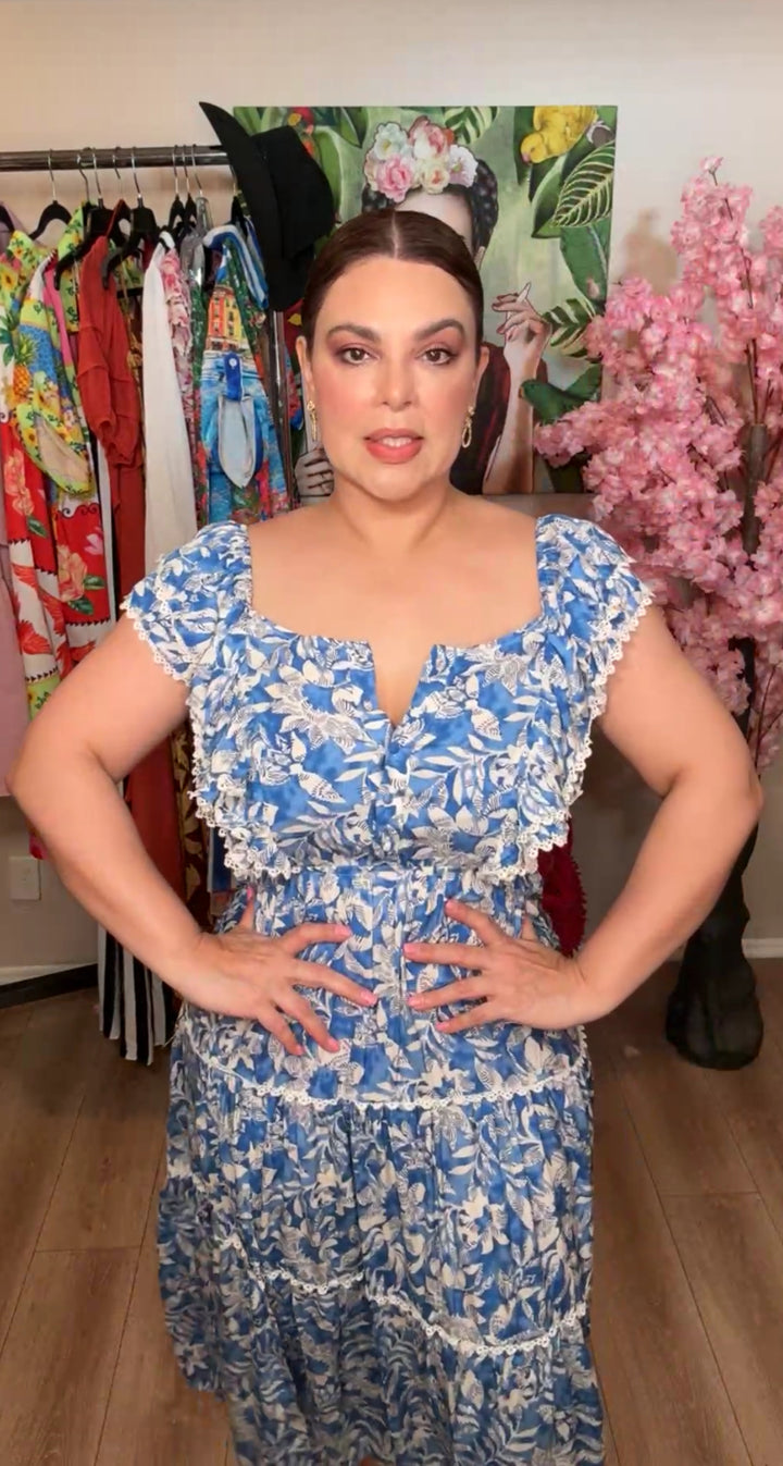 Vestido Azul y Blanco Florecitas Pechera (#139)