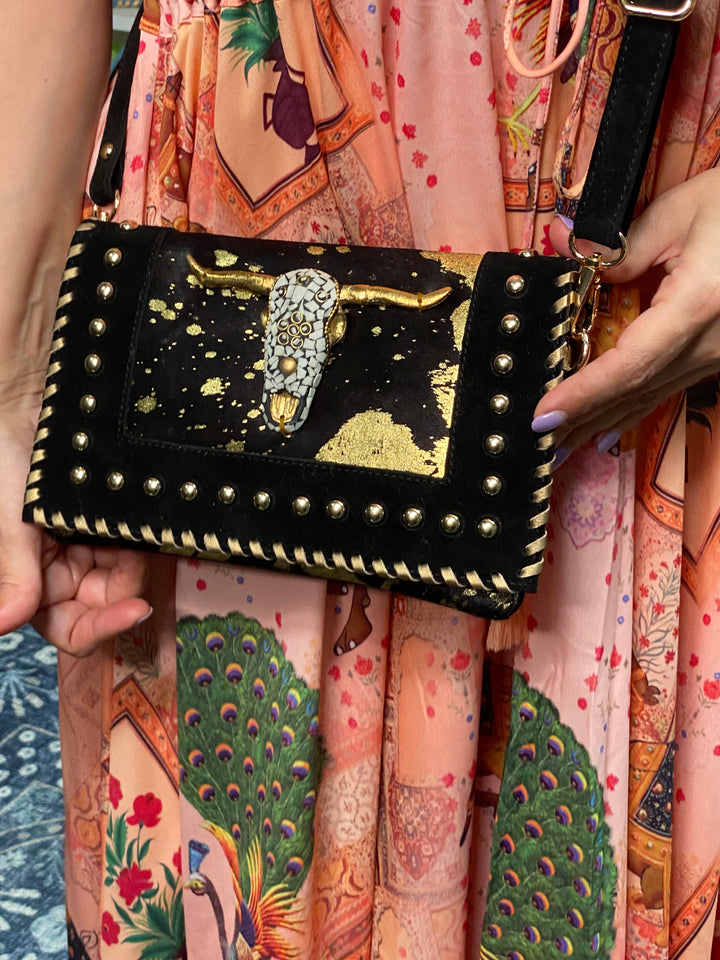 Bolsa Negra y Dorado Pelo Cabeza Toro Piel (#109)