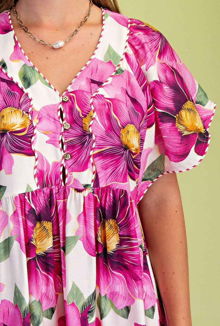 vestido beige flores magenta (#141)