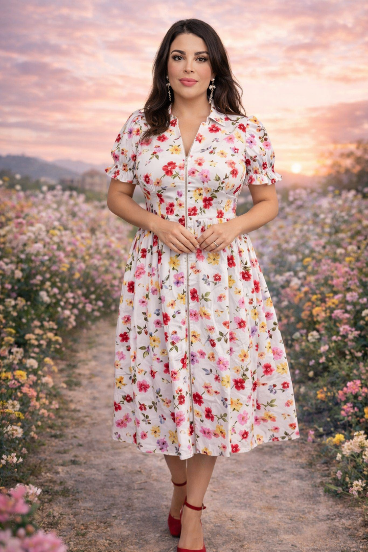 vestido blanco floral zipper dorado al frente cintura elástica midi (#141)