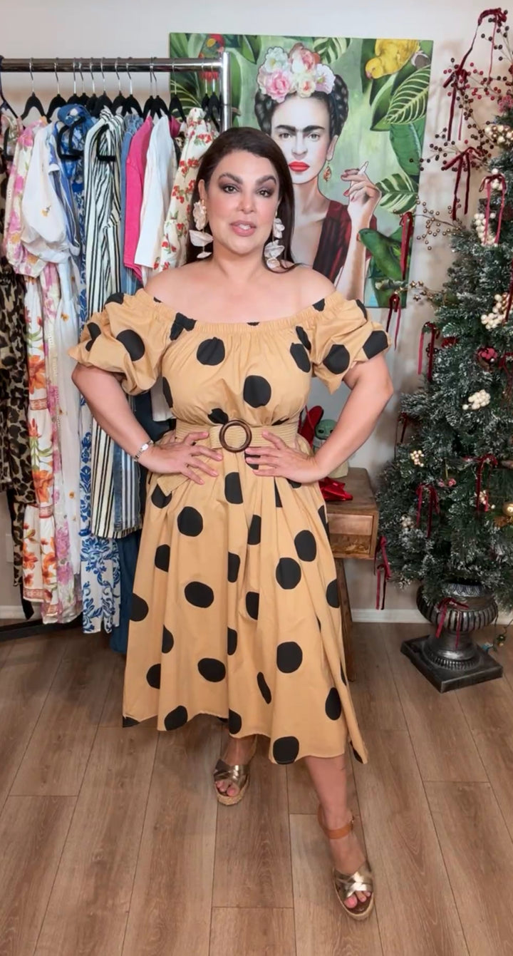 Vestido Mocha Boleado en Negro con Cinto Rafia Incluido (#396)
