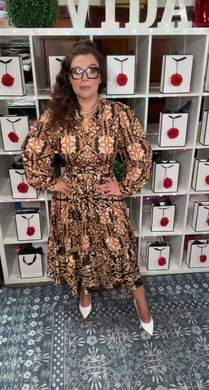 Vestido Negro y Café Paisley Boton Oro Midi (#160)