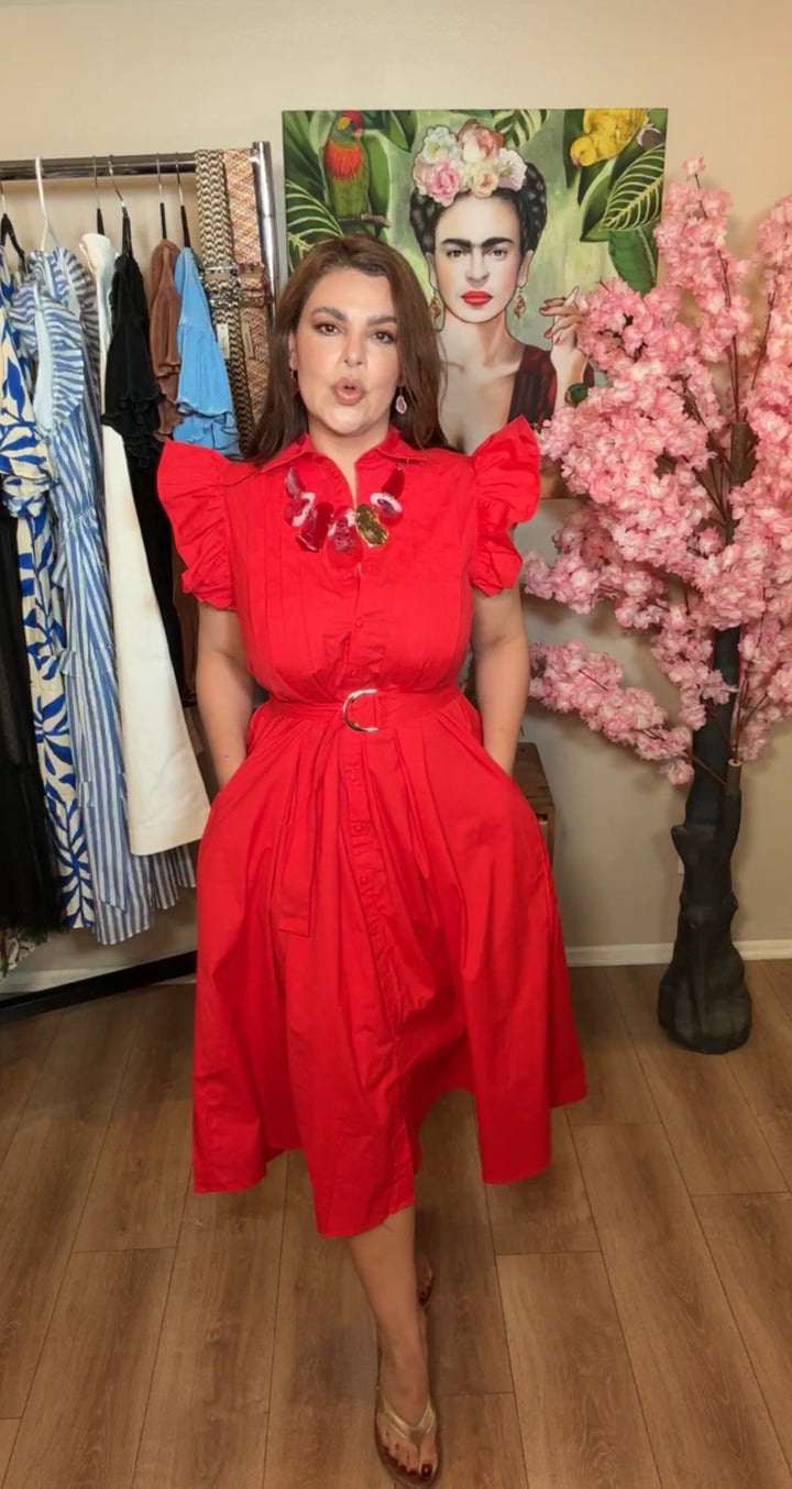 Vestido Rojo Plizado Algodón Y Cinto Midi Princesa (#156)
