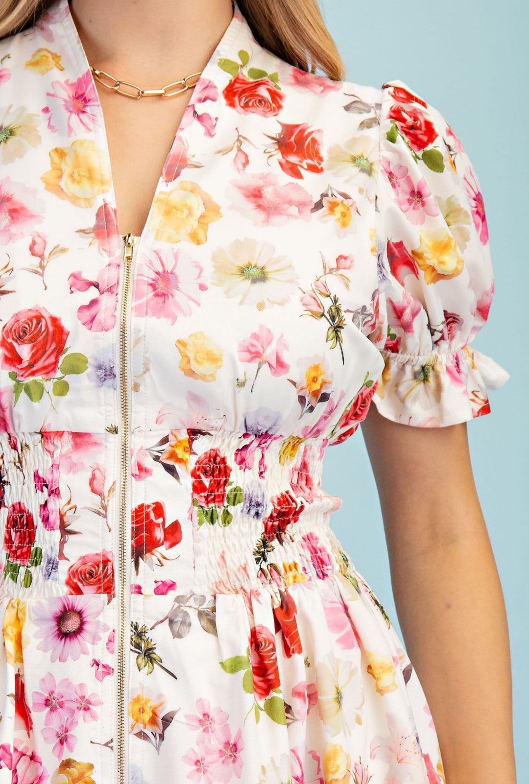 vestido blanco floral zipper dorado al frente cintura elástica midi (#141)