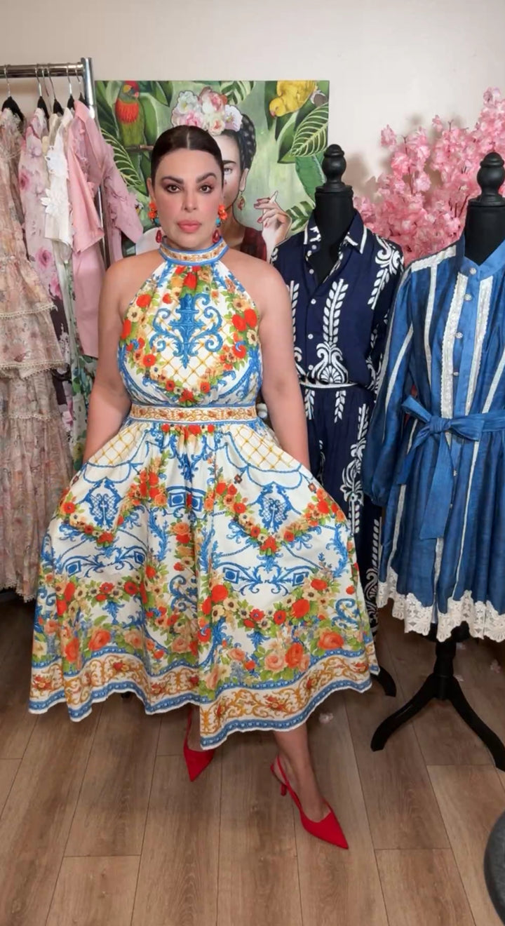 Vestido blanco diseño itialiano talavera y rosas cintura elastica midi (