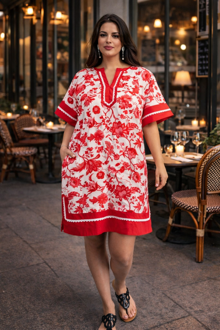 vestido rojo y beige floral mini (