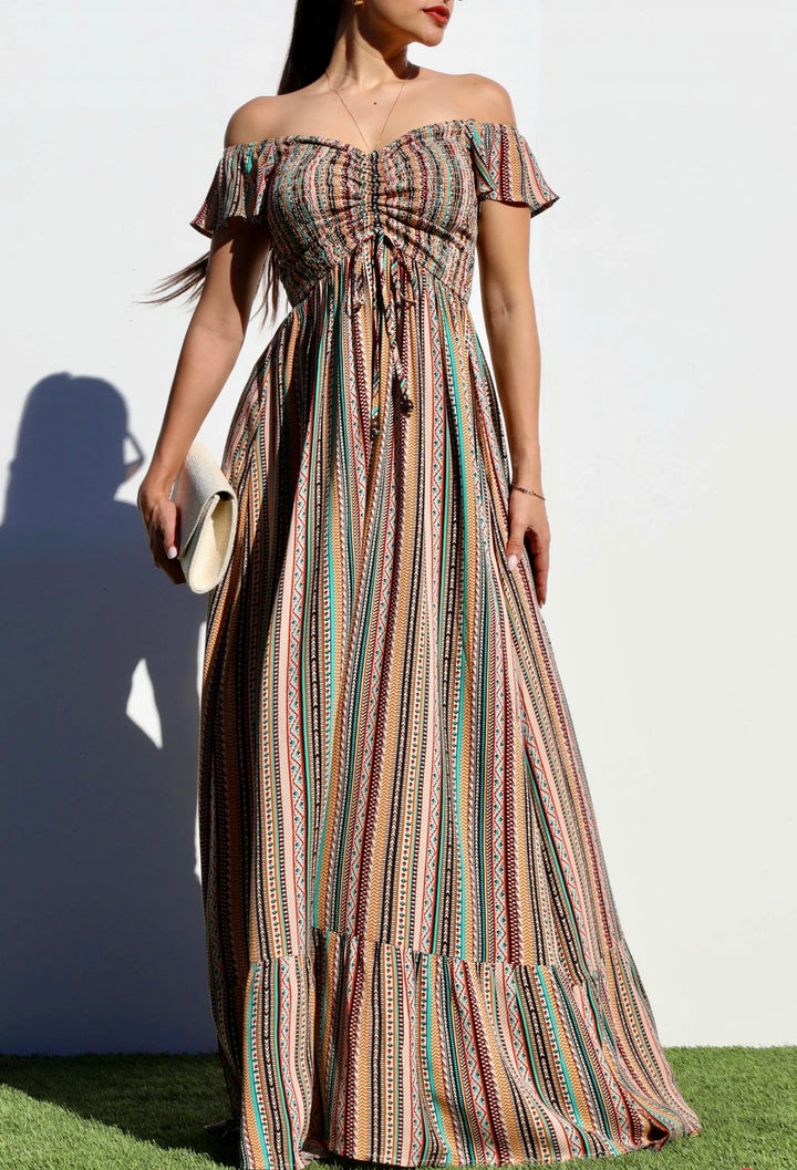 Vestido Mocha y Verde Bohemio Top Elastico Maxi (#167)