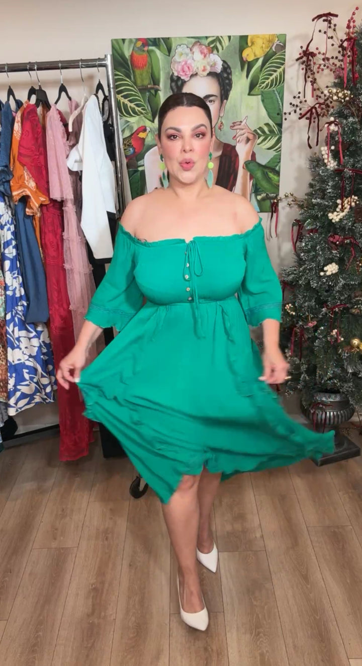 Vestido Verde Esmeralda Vaporoso Cintura Elastica Midi (#134)