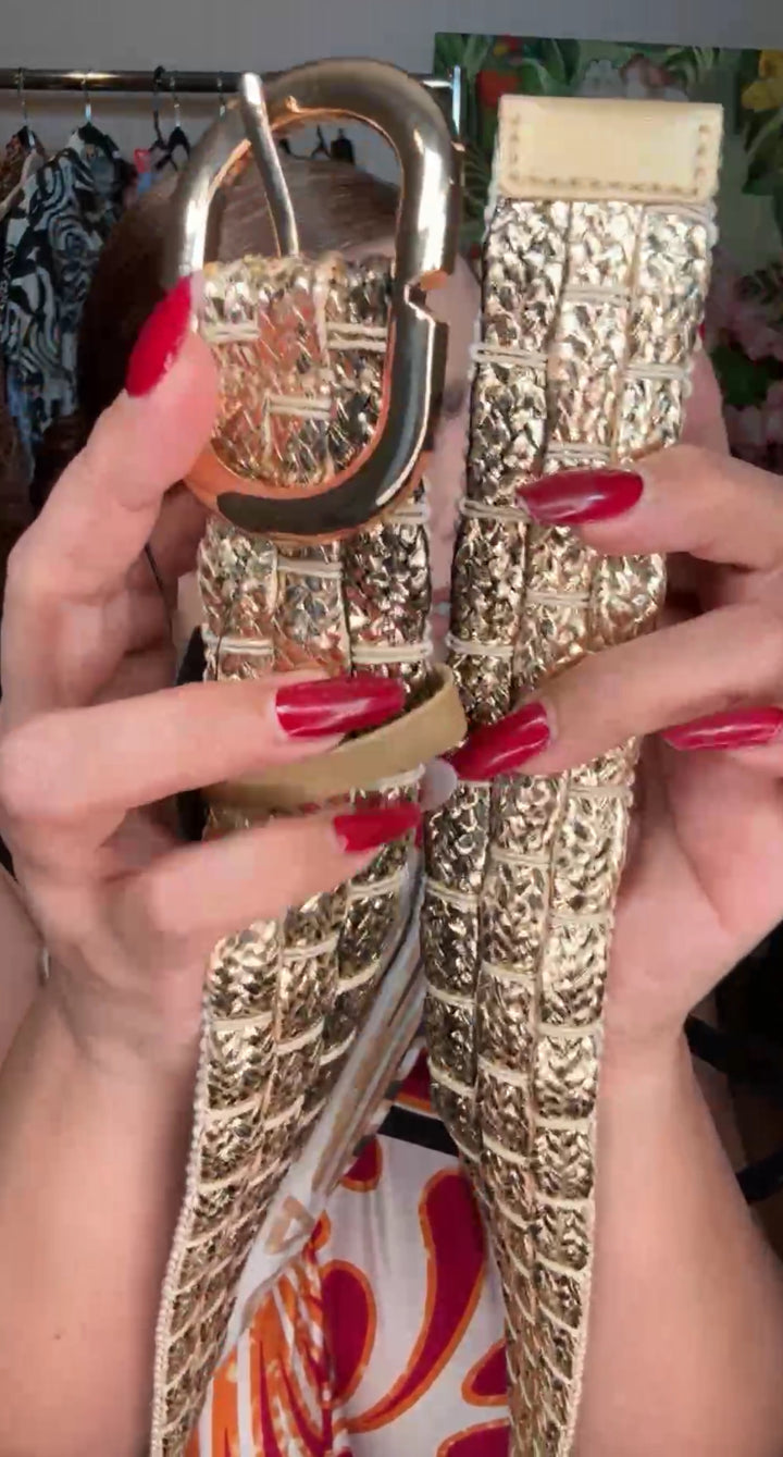 Cinto Dorado Y Negro Mix Rafia Luxury Hebilla Dorada (#113)