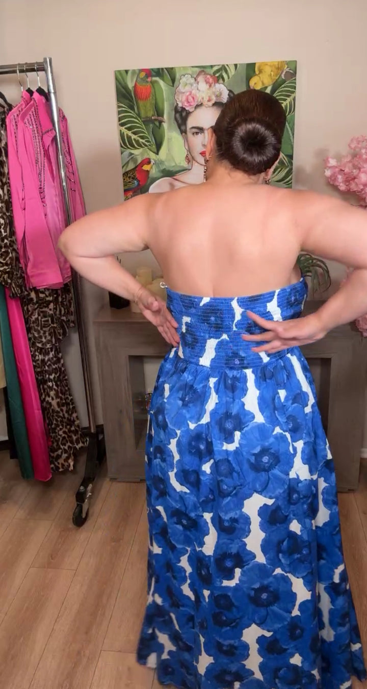 Vestido Azul Y Blanco Multi Strapless Flower Paint Con Espalda Elastica Maxi (#106)